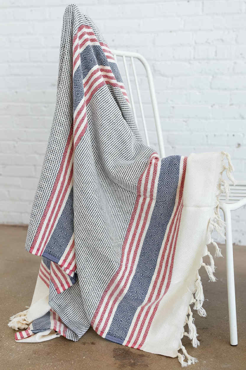 serviette 100% coton turc voyage plage marine rouge et crème 