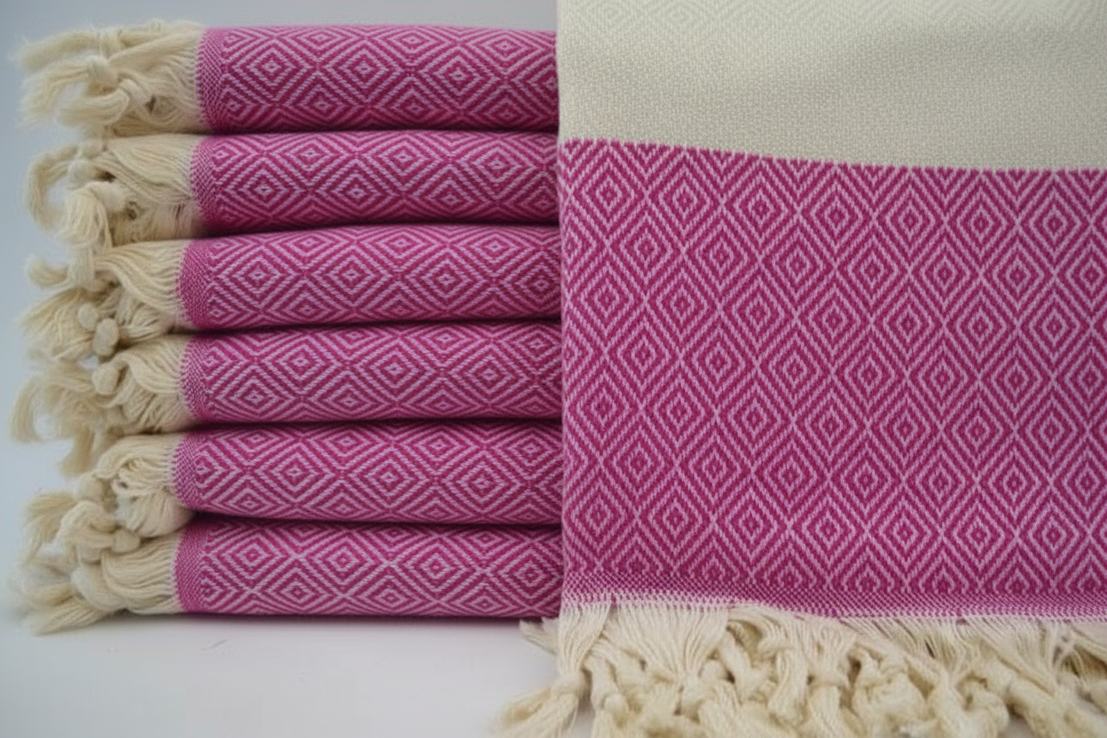 serviette 100% coton turc voyage plage fushia losange et creme 