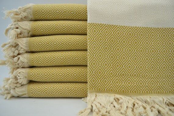 serviette 100% coton turc voyage plage losange jaune et creme 