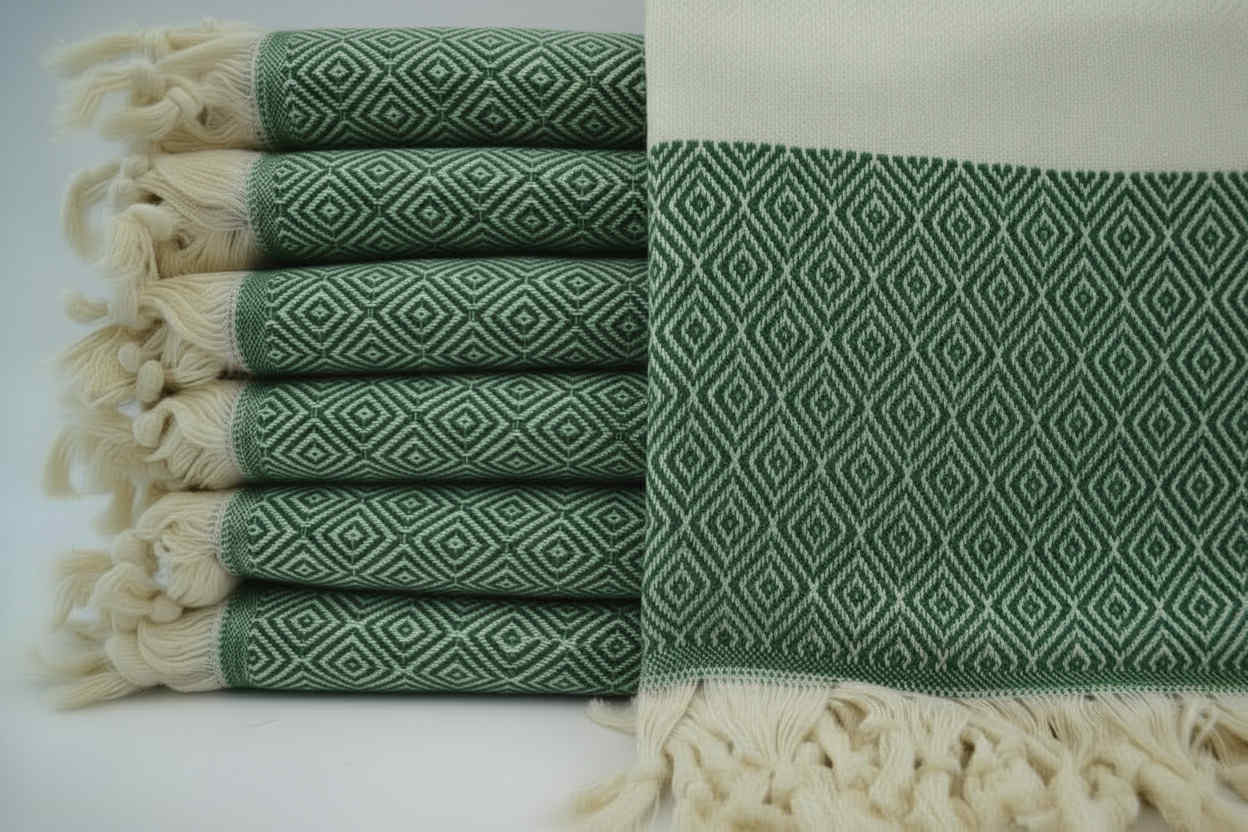 serviette 100% coton turc voyage plage losanges vert et creme 