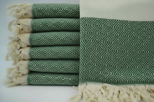 serviette 100% coton turc voyage plage losanges vert et creme 