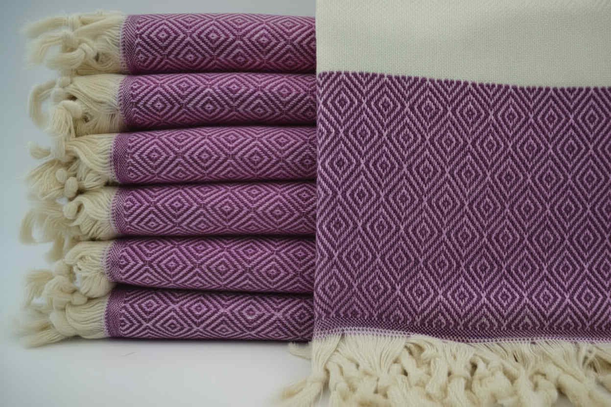 serviette 100% coton turc voyage plage losange mauve et creme 