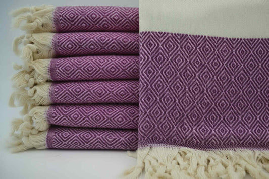 serviette 100% coton turc voyage plage losange mauve et creme 